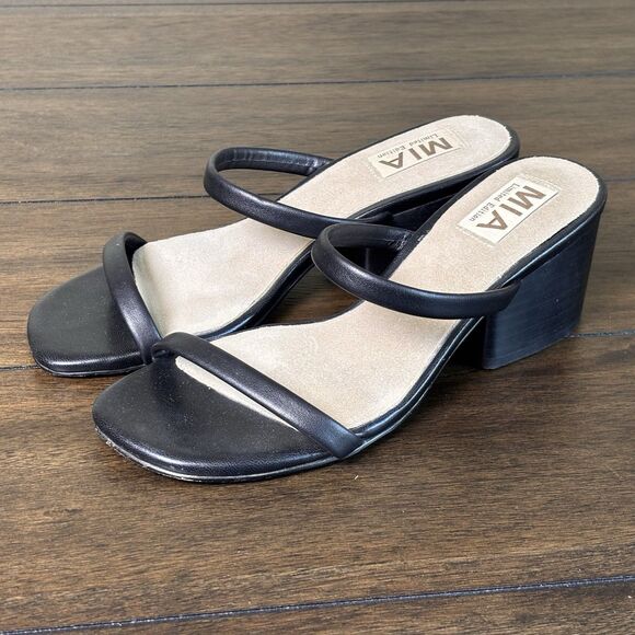 MIA Isabeli Shoes Womens Size 6M Black Block Heel Slip On Leather Sandals Dressy - Picture 1 of 8
